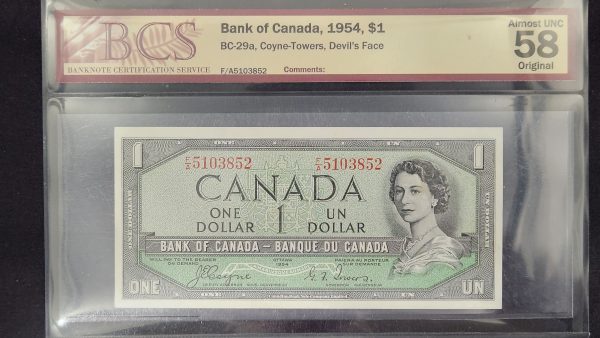 Canada $1 1954 Devil Coyne-Towers F/A - BCS AU58